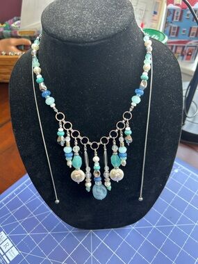 summer light blue Caribbean beads with sliding lariat chain adjustable length